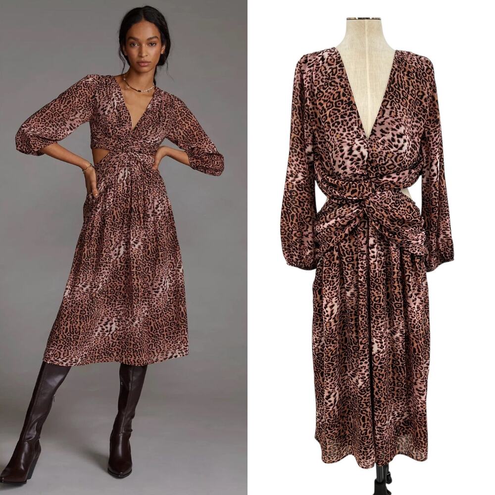 Anthropologie Ranna Gill Dress Midi Leopard‎ Print Cut Out Long Sleeve Size XL